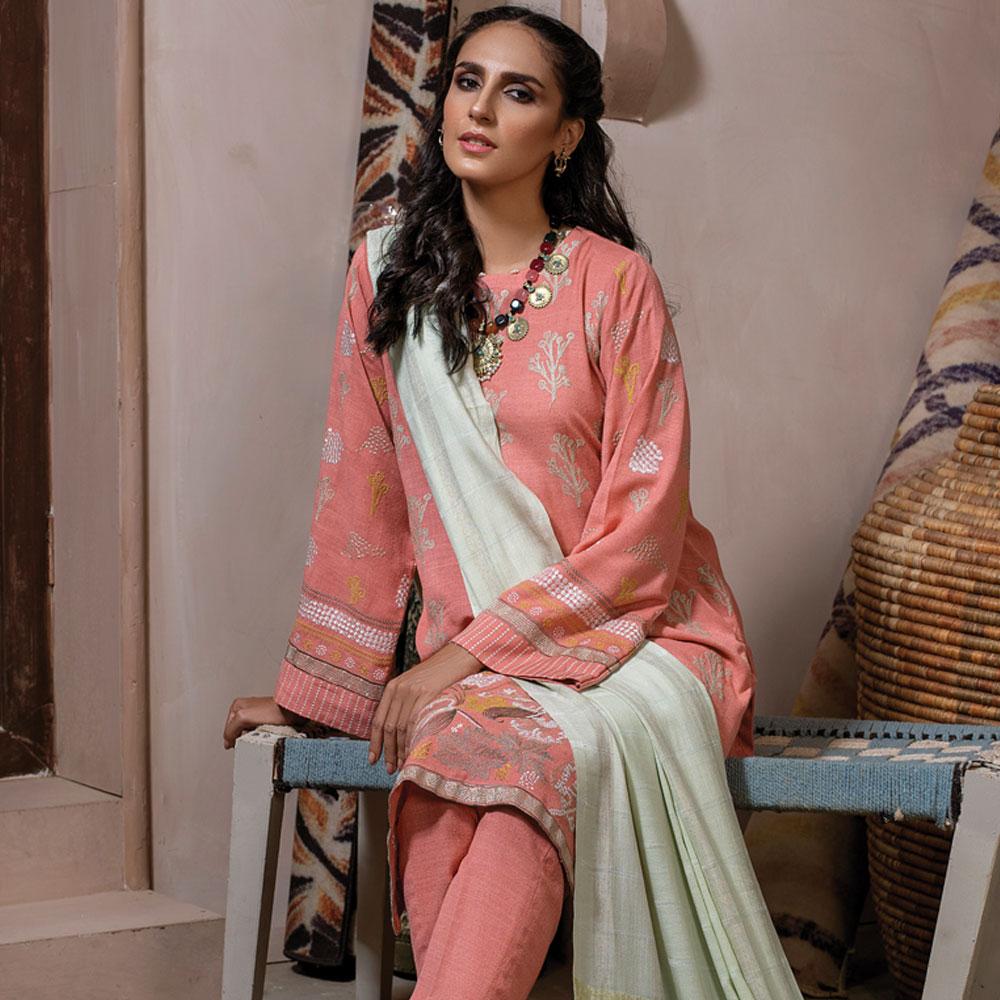 Lakhany Slub Peach 3 Piece Embroidered Suit by LSM WEC 5021