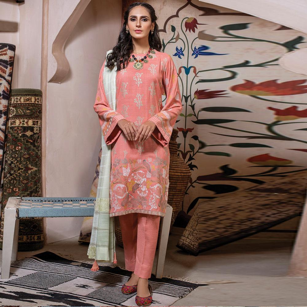 Lakhany Slub Peach 3 Piece Embroidered Suit by LSM WEC 5021